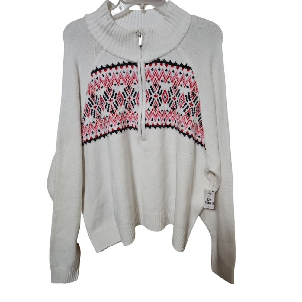 dip Womens XL Cream Fair Isle Quarter Zip Mock Neck Sweater NWT 0624